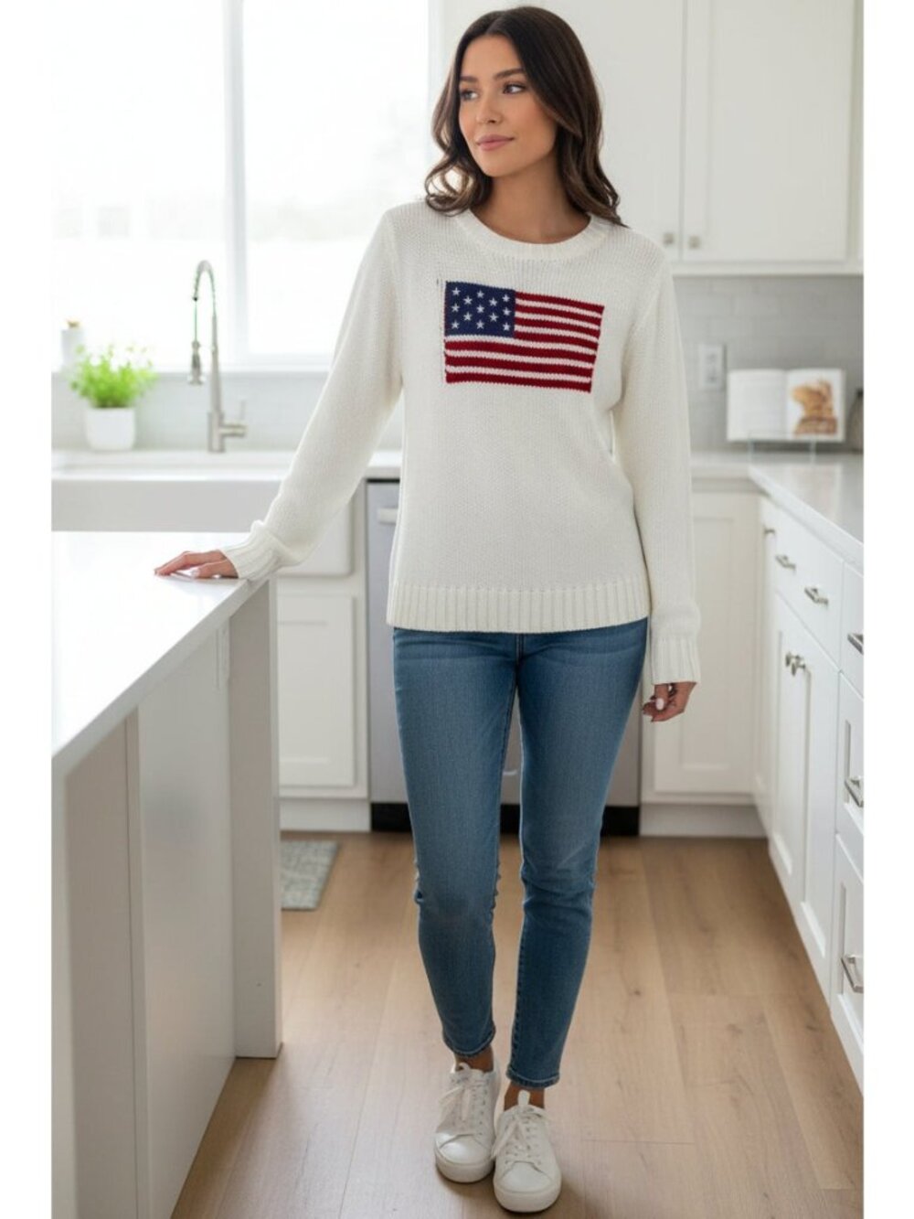 American USA Flag Stars & Stripes Round Neck Long Sleeve Pullover Knit Sweater - Picture 4 of 8